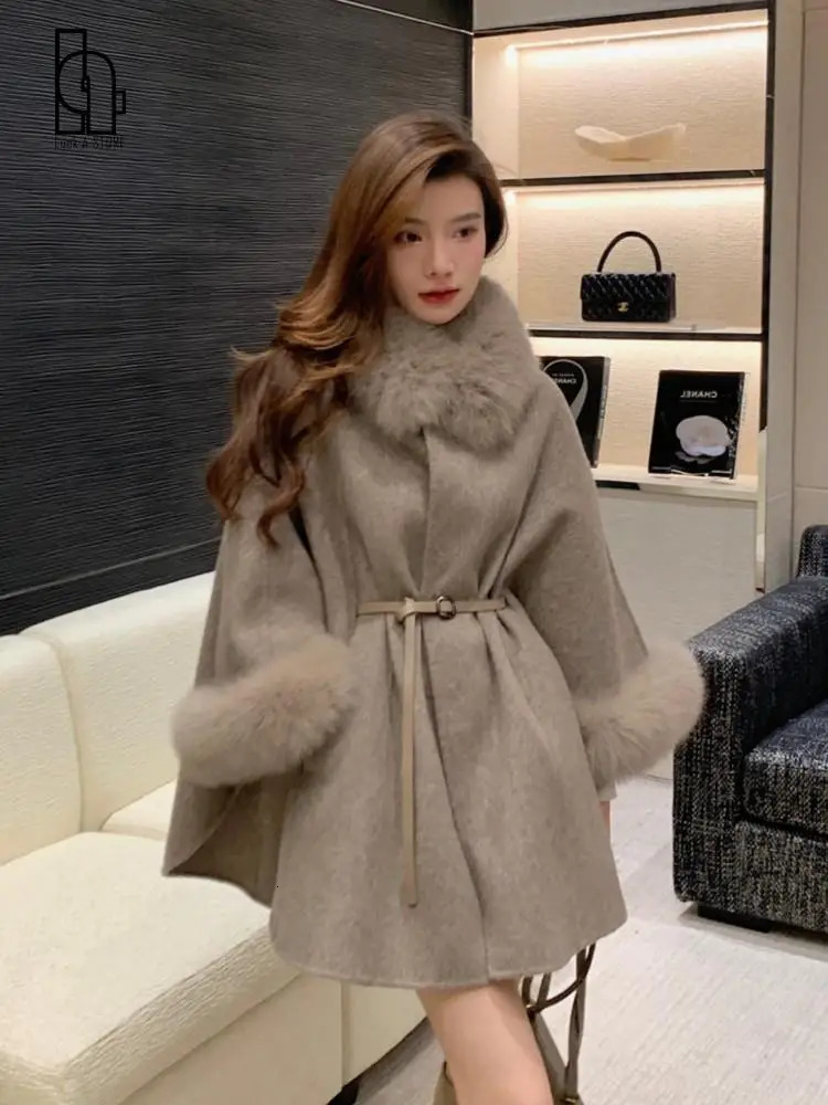 Arrivals Women Winter Wool Cape Fashionable Cashmere Wool Poncho Lady Real Fox Fur Cloak Fur Collar Cuff Jackets Streetwears 240105