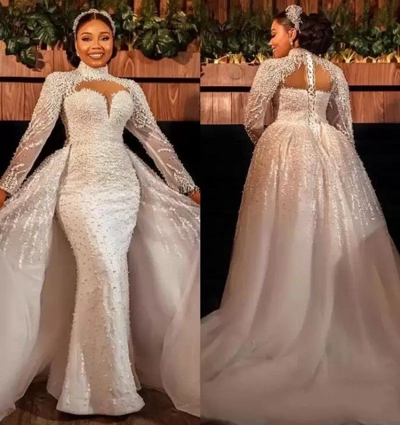 2024 Mermaid Wedding Dresses Illusion High Neck Lace Appliques Crystal Beads Long Sleeves Overskirts Detachable Train Plus Size Bridal Gowns vestidos 