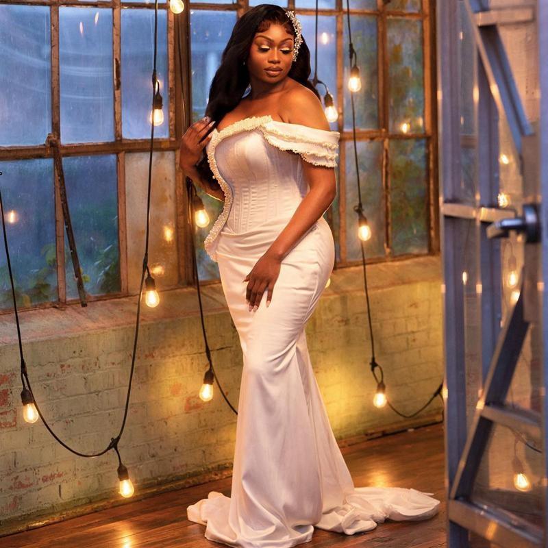 Ebi Aso Prom Mermaid Off Shoulder Pearls Formal Evening Dresses Eleagnt For African Black Women Birthday Party Dress Second Reception Gowns Ocns ST 02