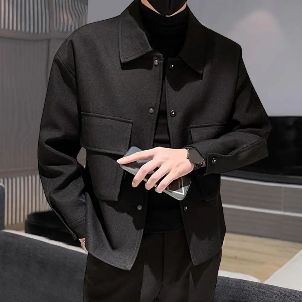 Winter Mens Wool Trench Coat Jacket Short Slim Fit Casual Coats Korean Solid Color Steetwear Windbreaker Turndown Collar Outwear 240105