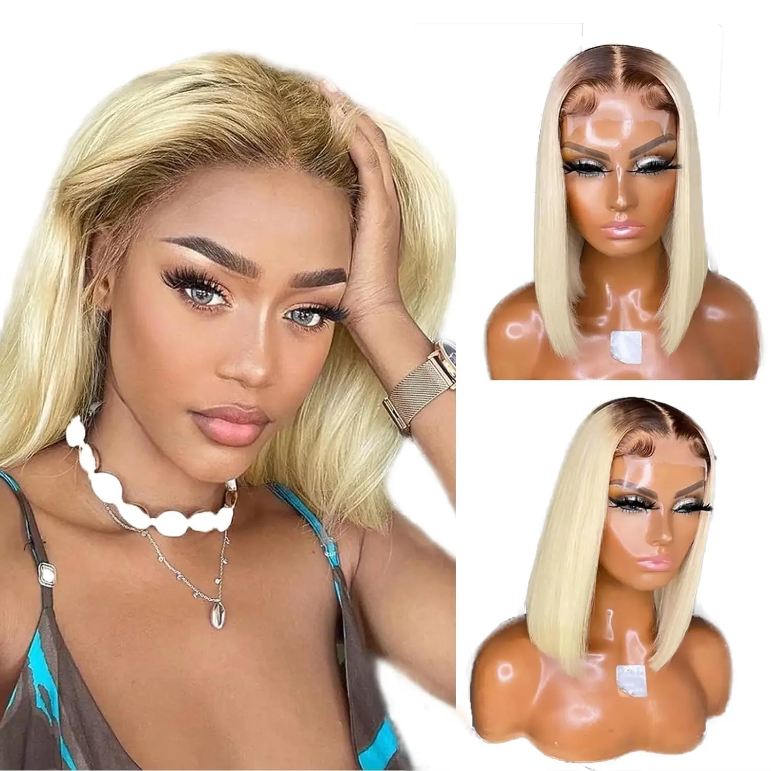 Brazilian 4/613 Honey Blonde Ombre 13X4 Lace Front Human Hair Dark Roots 613 Bob Cut Wigs For Black Women Prepluck