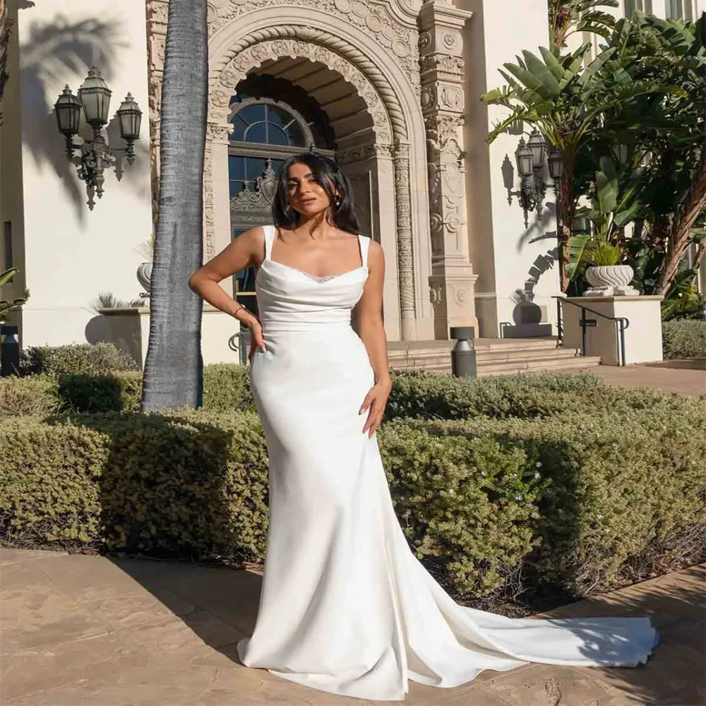 Wide Strap Mermaid Wedding Dresses Pearls Backless Bridal Dress 2024 Pleat Satin Sweep Train Vestidos De Novia