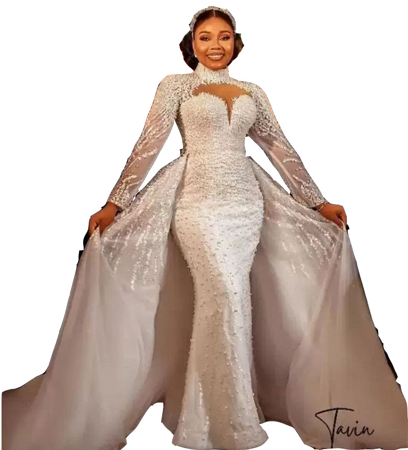 2024 Mermaid Wedding Dresses Illusion High Neck Lace Appliques Crystal Beads Long Sleeves Overskirts Detachable Train Plus Size Bridal Gowns vestidos 