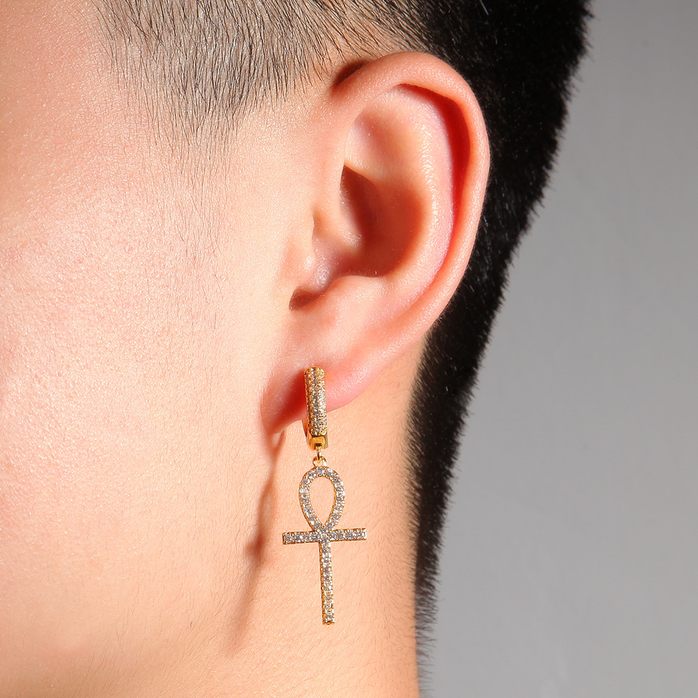 Hip Hop Shining Cross Drop Earrings Full White Zircon Dangle Earrings 18K Real Gold Plated Religion Jewelry