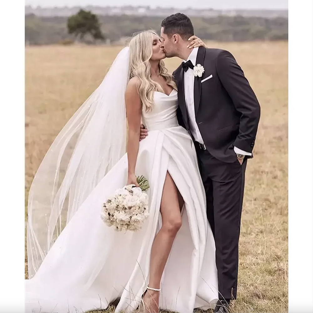 Country Style 2023 Side Split A Line Bridal Gowns Strapless Neck Plus Size Sweep Train Satin Vestido De Novia Wedding Dresses 0509