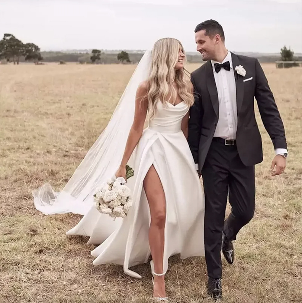 Country Style 2023 Side Split A Line Bridal Gowns Strapless Neck Plus Size Sweep Train Satin Vestido De Novia Wedding Dresses 0509