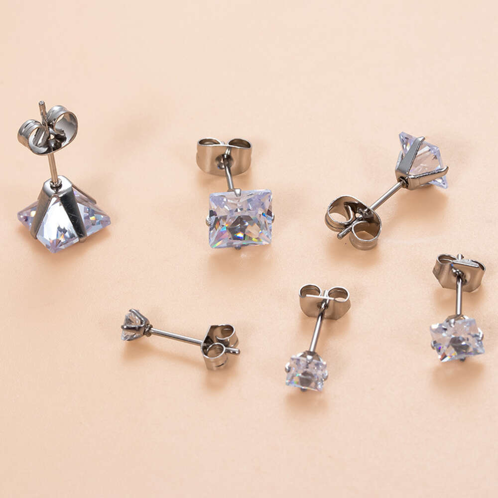3-8mm Vintage Iced Out Cubic Zirconia Square Stud Earring Bling Prong Cz Stone Surgical Titanium Stainless Steel Wolf Tide Piercing Jewelry Bijoux Who