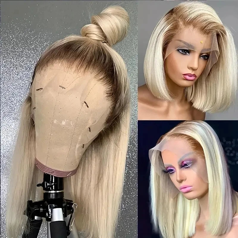 Brazilian 4/613 Honey Blonde Ombre 13X4 Lace Front Human Hair Dark Roots 613 Bob Cut Wigs For Black Women Prepluck