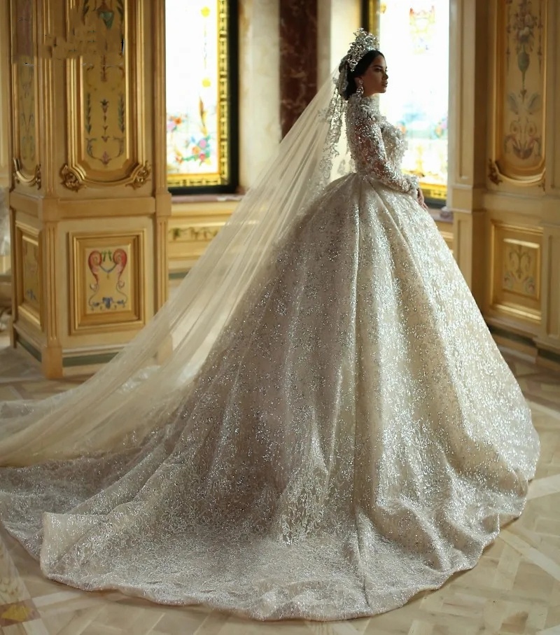 Lace Full Wedding Dresses Long Sleeves Vintage Sequinn High Neck Vestios De Novia Princesa 2024 Arabic Dubai Bridal Gowns