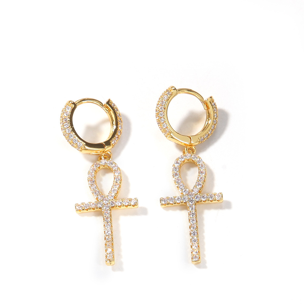 Hip Hop Shining Cross Drop Earrings Full White Zircon Dangle Earrings 18K Real Gold Plated Religion Jewelry