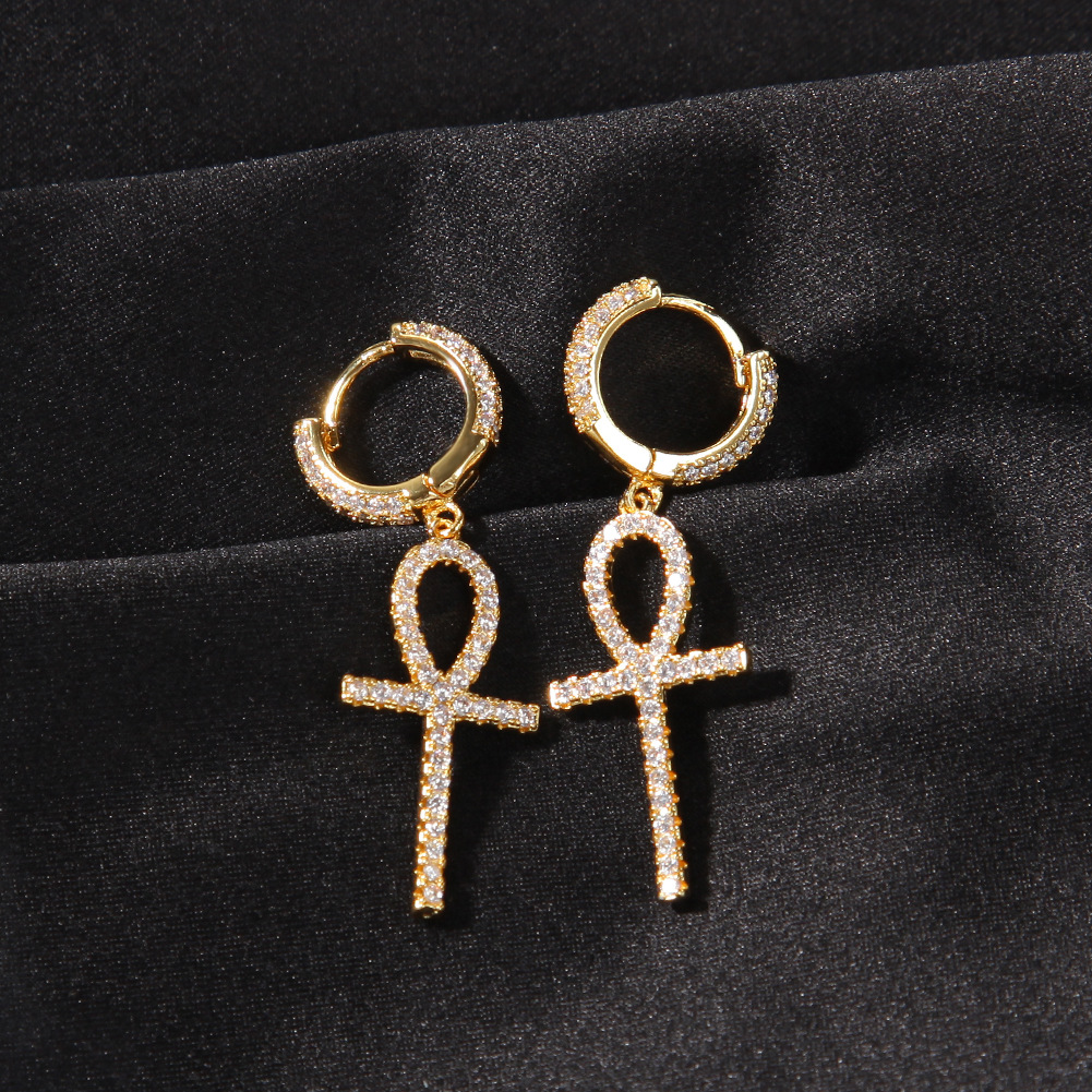 Hip Hop Shining Cross Drop Earrings Full White Zircon Dangle Earrings 18K Real Gold Plated Religion Jewelry