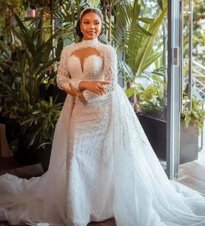 2024 Mermaid Wedding Dresses Illusion High Neck Lace Appliques Crystal Beads Long Sleeves Overskirts Detachable Train Plus Size Bridal Gowns vestidos 