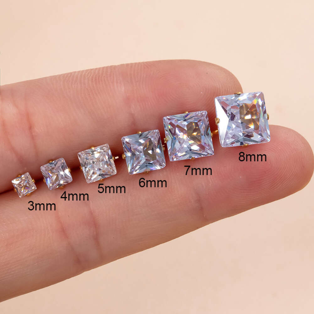 3-8mm Vintage Iced Out Cubic Zirconia Square Stud Earring Bling Prong Cz Stone Surgical Titanium Stainless Steel Wolf Tide Piercing Jewelry Bijoux Who