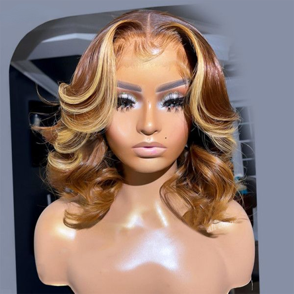 Free shipping Highlight Short Bob Body Wave 13x4 Frontal Human Hair Wigs Brown Blonde Transparent Lace Synthetic Wig For Women