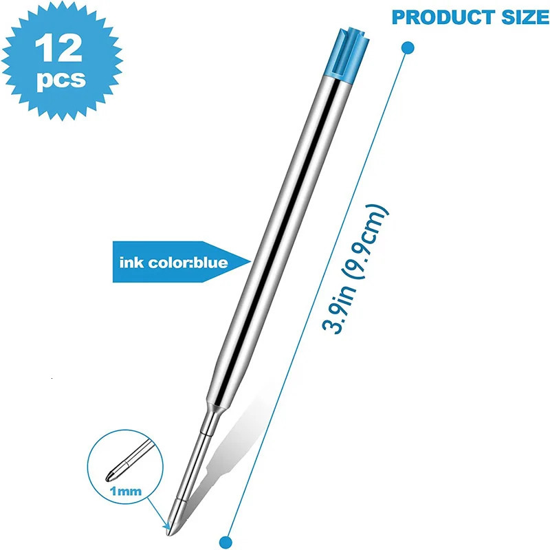 1020pcs 9.9cm Metal Ballpoint Pen Refills Blue Black Ink Rods 1.0mm Medium Point Roller Ball Pens Refill 240105