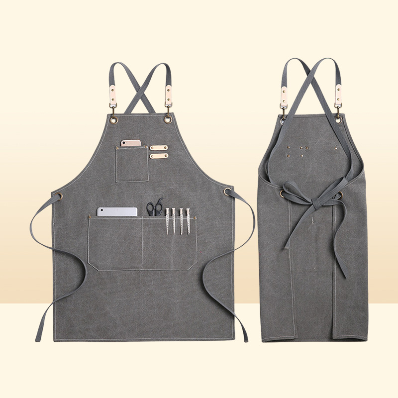 Aprons Kitchen Heavy Duty Canvas Barber Work Unisex Cross Straps Adjustable Salon Hairdresser Bib PU Leather for Men 221122