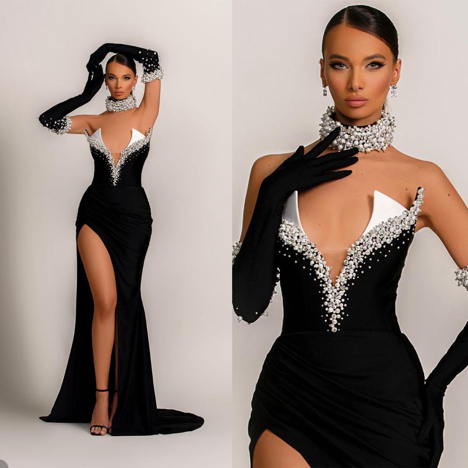 Black Evening Gowns Pearls Beads V Neck Birthday Prom Girls Sequins Special Ocn Dresses Dress No Gloves 6660306