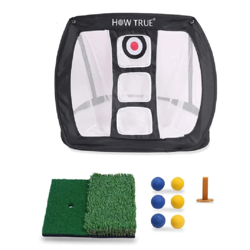 Pop Up Golf Chipping Net Dual Turf Hitting Mat with 3 Rubber Tees Combo 6 Training Balls for Practice 240104