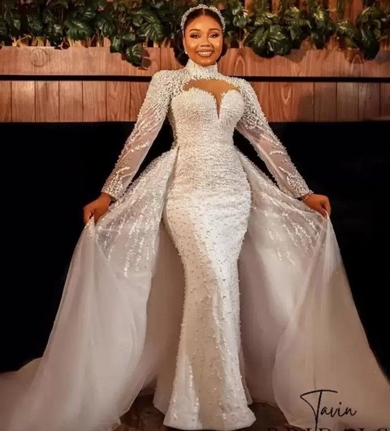 2024 Mermaid Wedding Dresses Illusion High Neck Lace Appliques Crystal Beads Long Sleeves Overskirts Detachable Train Plus Size Bridal Gowns vestidos 