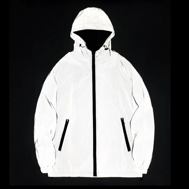 Night Reflective Jackets Double fabric Windbreaker Hooded Jacket Men Hip Hop Dancer singer Waterproof Zipper Coats Outwear 240105