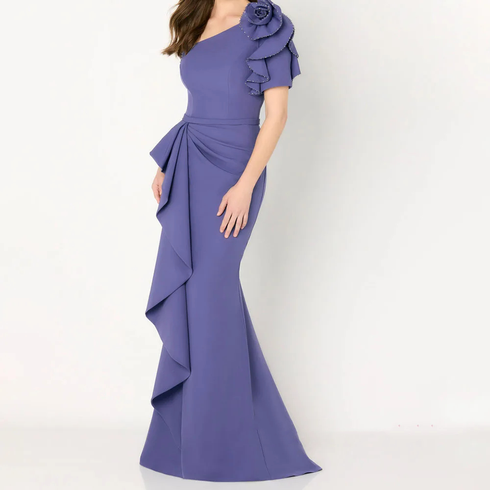 Elegant Lavender Mermaid Mother Of The Bride Dresses Off The Shoulder Long Satin Slim Formal Occasion Evening Dress Women Hand Made Flowers Chic Weddi