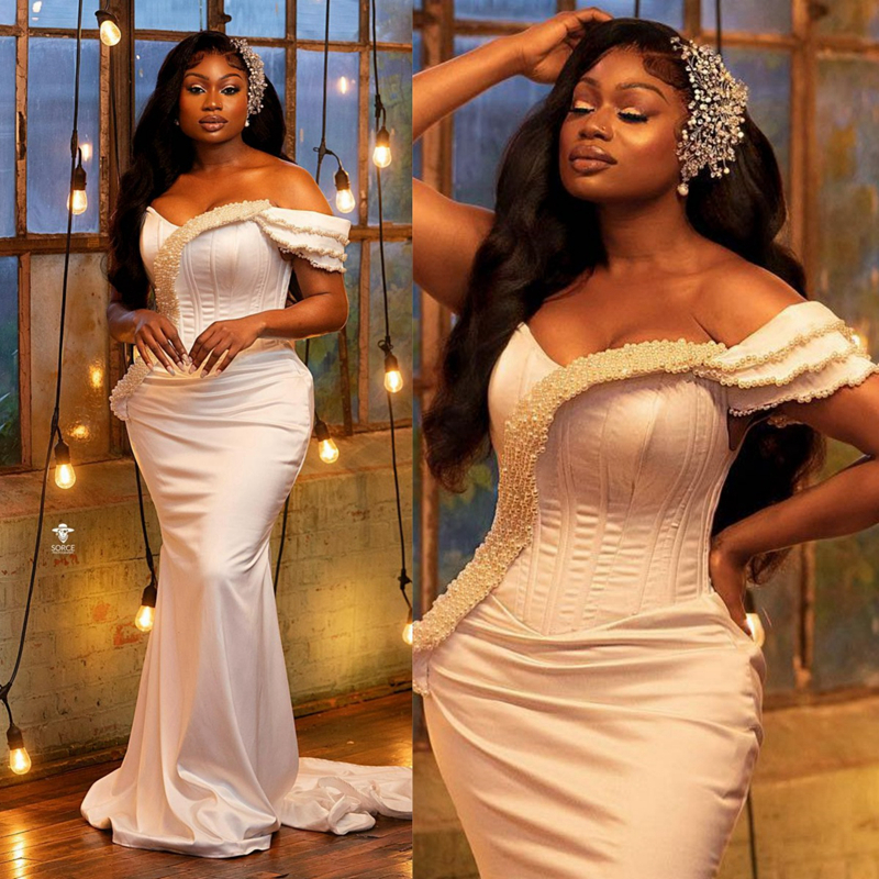 Ebi Aso Prom Mermaid Off Shoulder Pearls Formal Evening Dresses Eleagnt For African Black Women Birthday Party Dress Second Reception Gowns Ocns ST 02