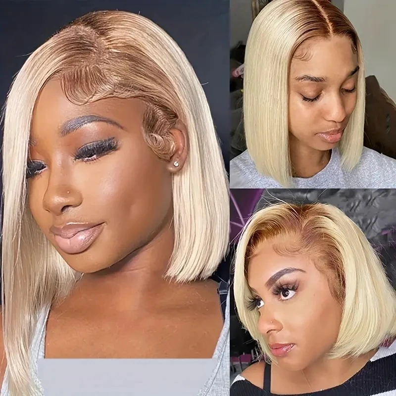 Brazilian 4/613 Honey Blonde Ombre 13X4 Lace Front Human Hair Dark Roots 613 Bob Cut Wigs For Black Women Prepluck