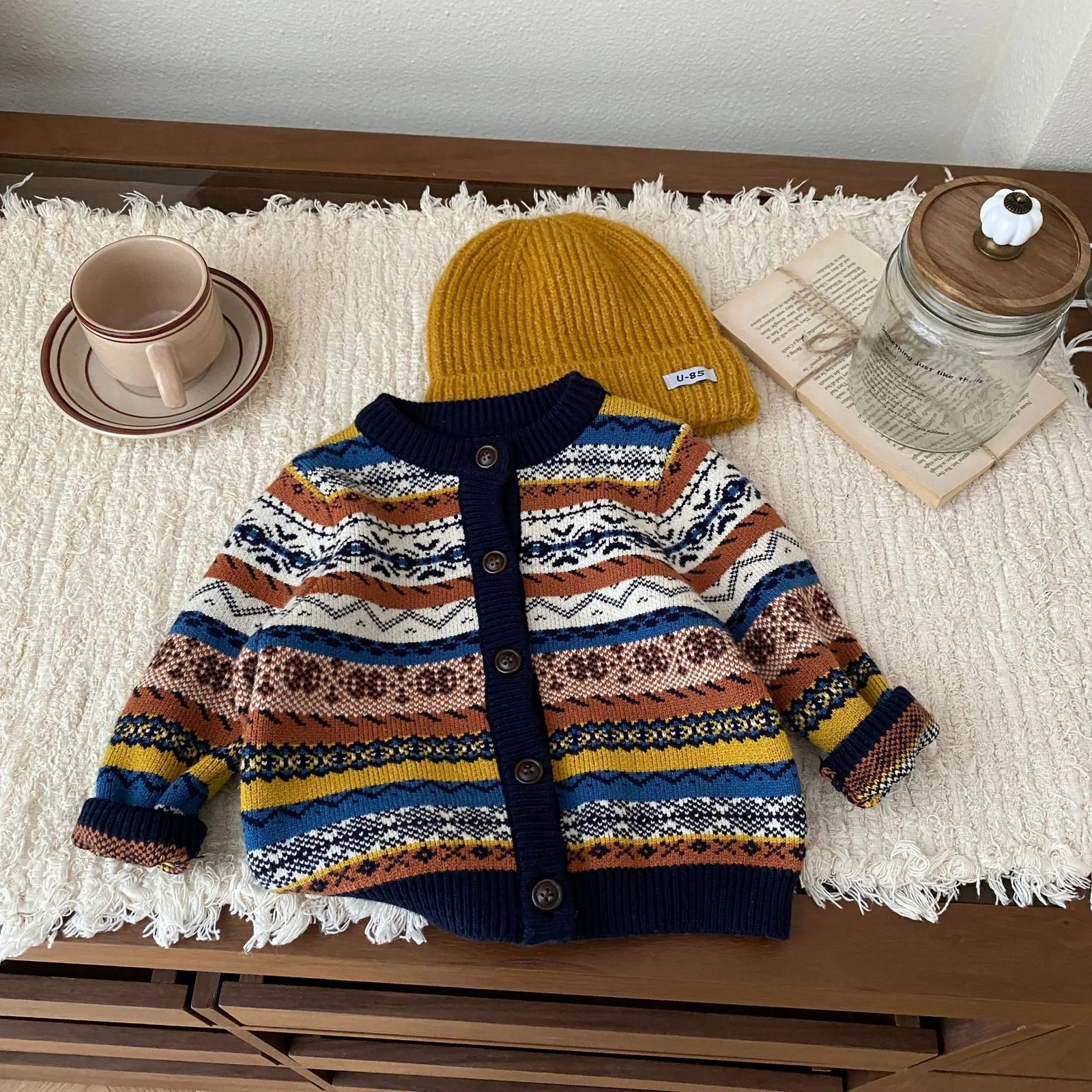 Autumn Winter England Style Fashion Boy Girl Children Striped Knitted Cardigan Long Sleeve Sweater Baby Thicken Warm Tops Coat 240103