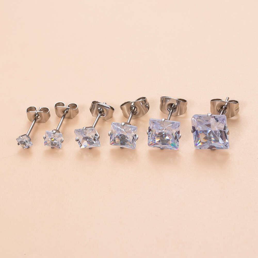 3-8mm Vintage Iced Out Cubic Zirconia Square Stud Earring Bling Prong Cz Stone Surgical Titanium Stainless Steel Wolf Tide Piercing Jewelry Bijoux Who