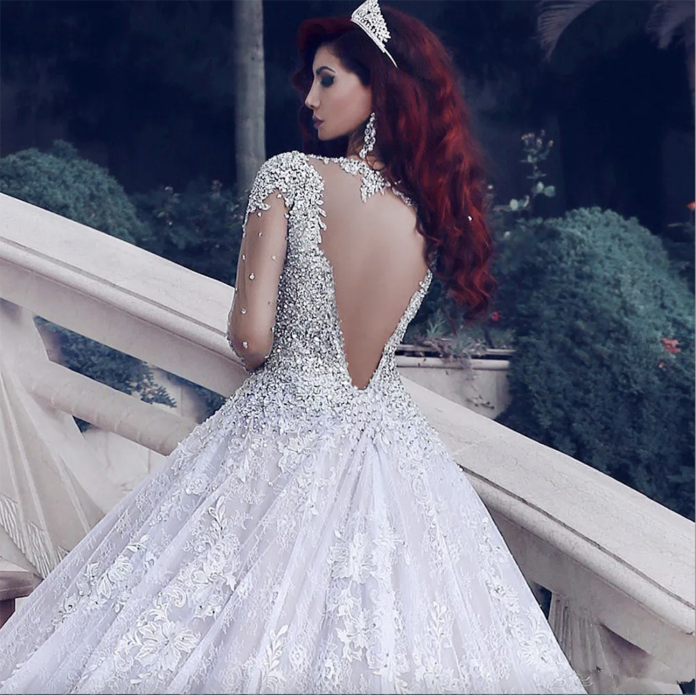 Latest 2024 Luxury Beading Long Sleeve Muslim Wedding Gowns With Long Train Sequined Lace Wedding Dresses Turke Robe De Mariage