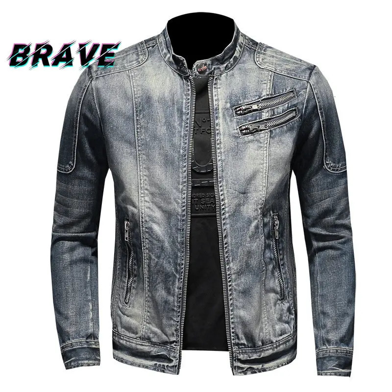 Men's Standing Neck Motorcycle Denim Jacket Vintage Fashion Casual Zipper Chaquetas Hombre Plus Size M6XL Jaquetas 240105