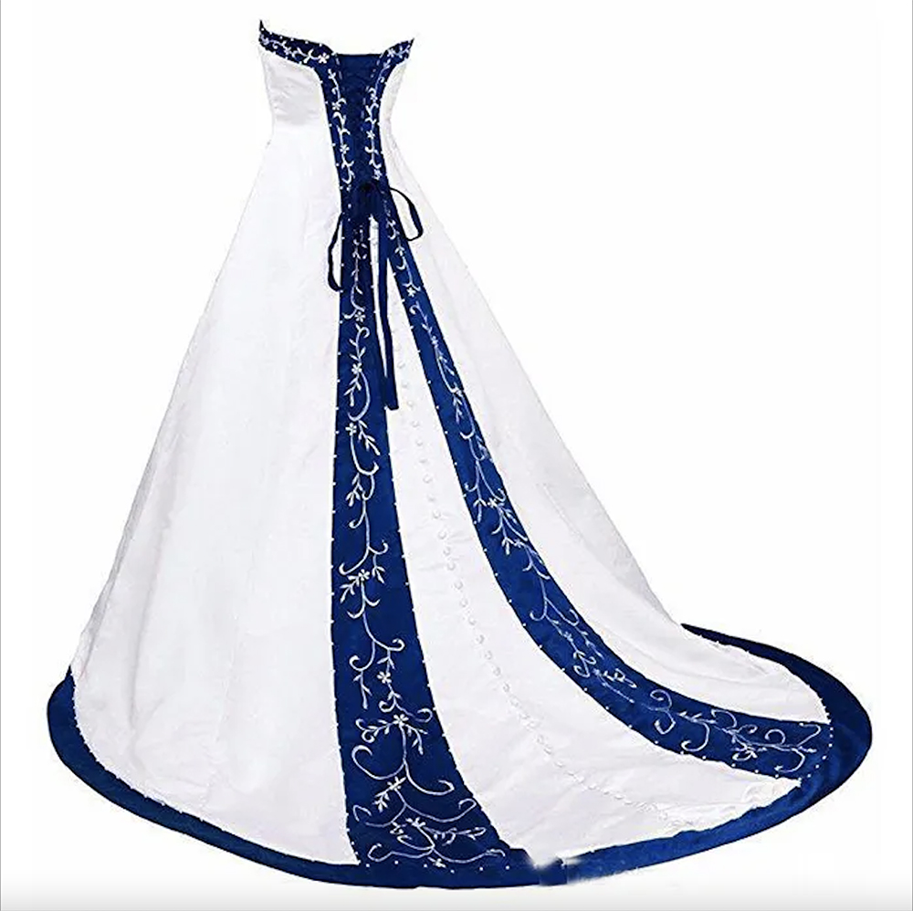 Royal Blue And White A Line Wedding Dress 2024 Princess Satin Lace up Back Court Train Long Wedding Gowns