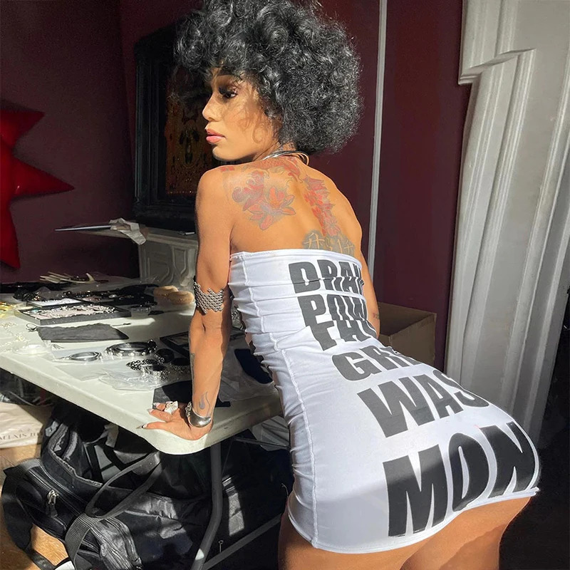 Sexy Midnight Mini Dress Stretch Skinny Party Clubwear Y2K slogan Letter Printed White Hip Dress Women Summer Fashion Strapless 240106
