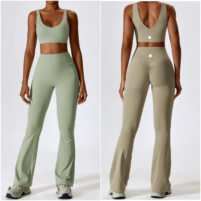 LLLM8232 Womens Yoga Suit Yoga Vest Sleeveless Tops Pants Bell-bottom Trousers Two-Piece Set Gym Running Long Pant Elastic High Waist Sportwear Suits