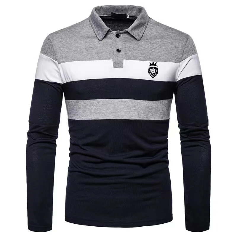 Men's Long Sleeved Polo Shirt Printed Lion Three Color Block Tops Golf Shirt Men's Casual Lapel Top Mens Clothes 240106