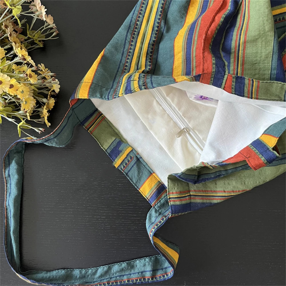 Retro Women's Canvas Shoulder Bag Rainbow Striped Linen Shopping Bag Eco Large Capacity Handbag Tote for Girls Christmas Gifts 240125