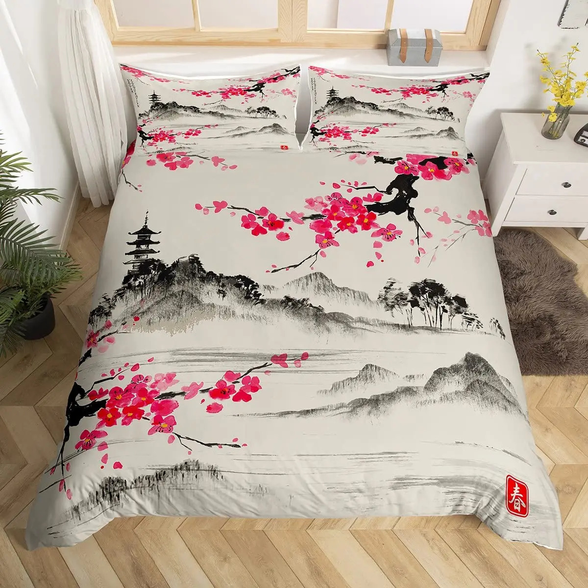Japanese Duvet Cover SetBranch of A Flourishing Sakura Tree Flower Cherry Blossoms Spring Theme Art Japan Bedding Set Full Size 240106
