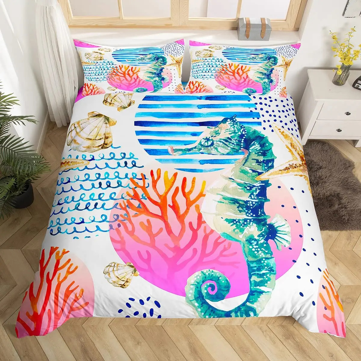 Watercolor Blue Conch Duvet Cover Ocean Themed Bedding Set Sea Creatures Comforter al Beach Polyester Quilt 240106
