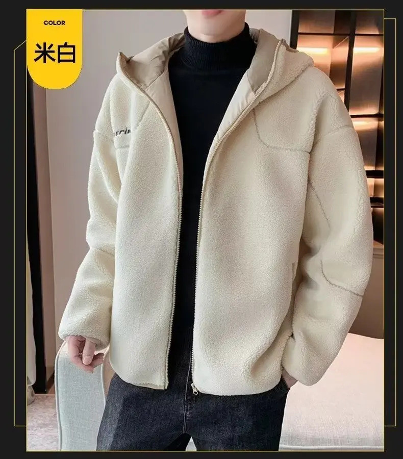 Lamb Fleece Thickened Hooded For Sweatshirts Men Autumn And Winter Polar Trendy Top Cardigan Clothing Y2k Oversized 240106