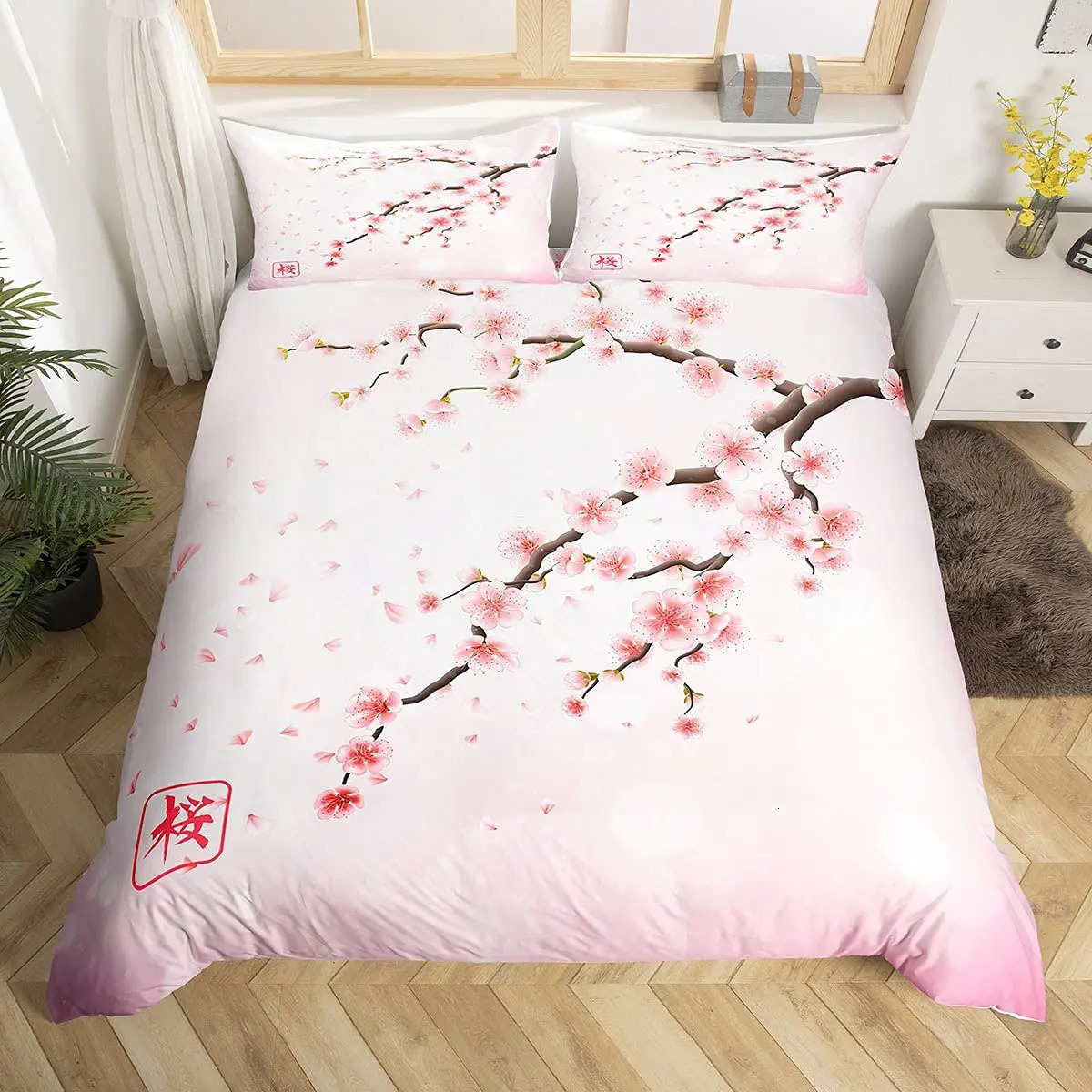 Japanese Duvet Cover SetBranch of A Flourishing Sakura Tree Flower Cherry Blossoms Spring Theme Art Japan Bedding Set Full Size 240106