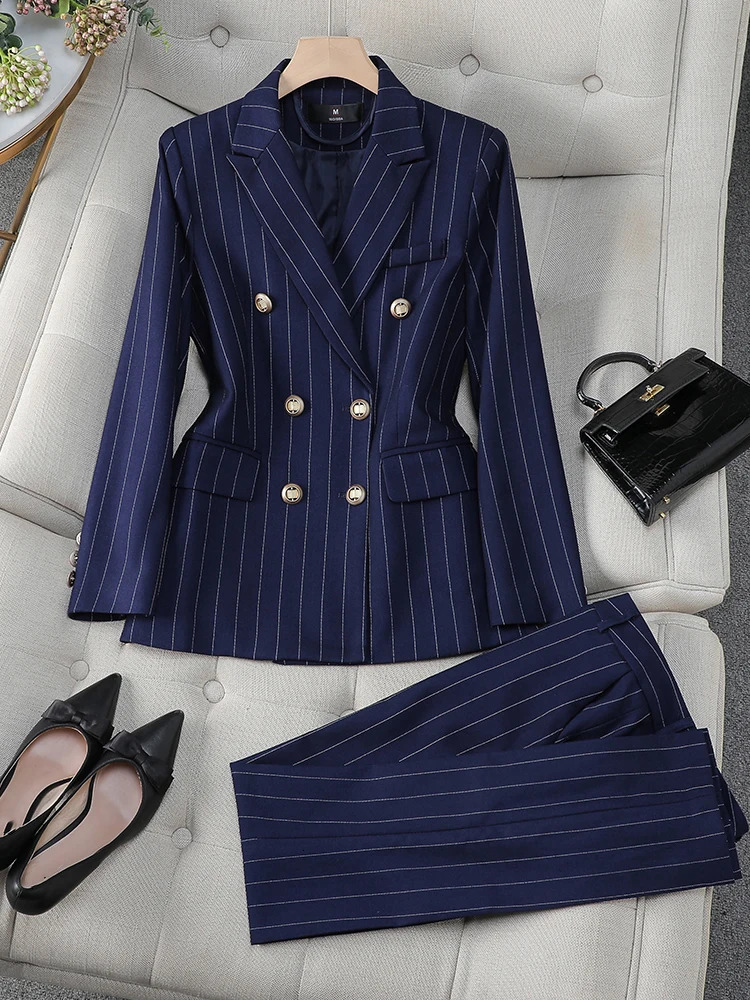Fashion S-8XL Office Ladies Formal Pant Suit Set Women Blue Striped Female Business Work Wear 2 Piece Blazer Jacket And Trouser 240105