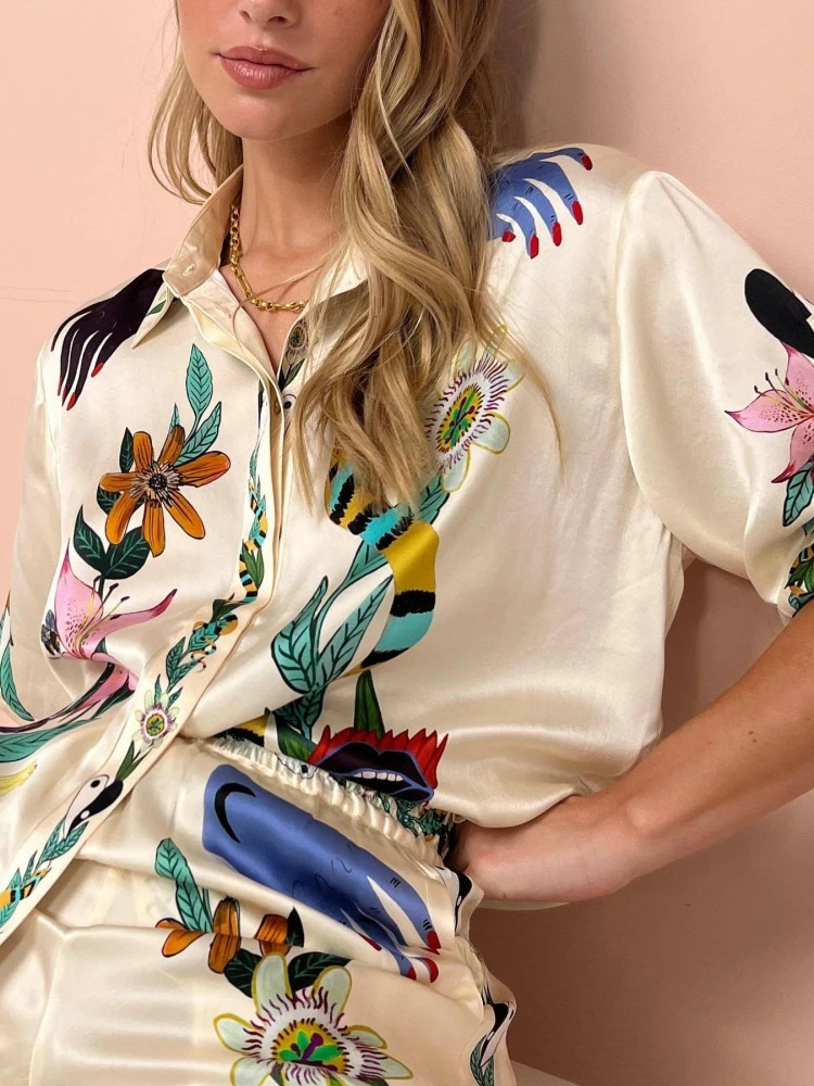 Women Vintage Print Loose Single Breasted Shirt Two Piece Sets Summer Chic Satin Short Sleeve Blouse Pants Sets Women Outfits 240105