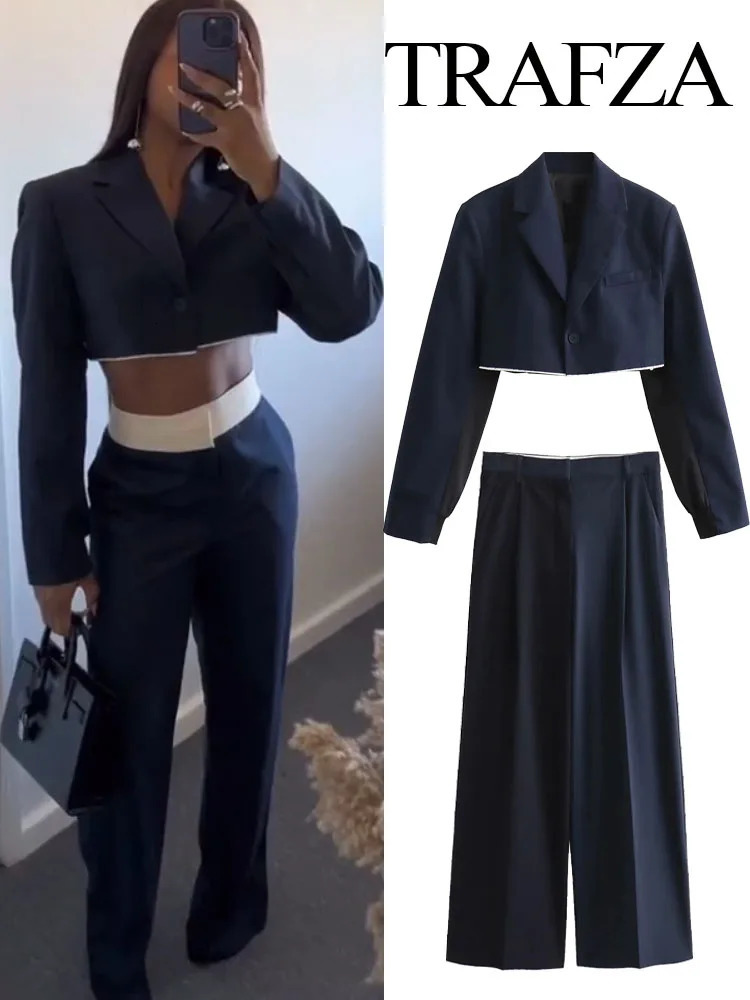 TRAFZA Autumn Fashion Women Front Pleats High Waist PantsFemale Solid Long Sleeve Lapel Vintage Short Coat 2 Piece Set 240105
