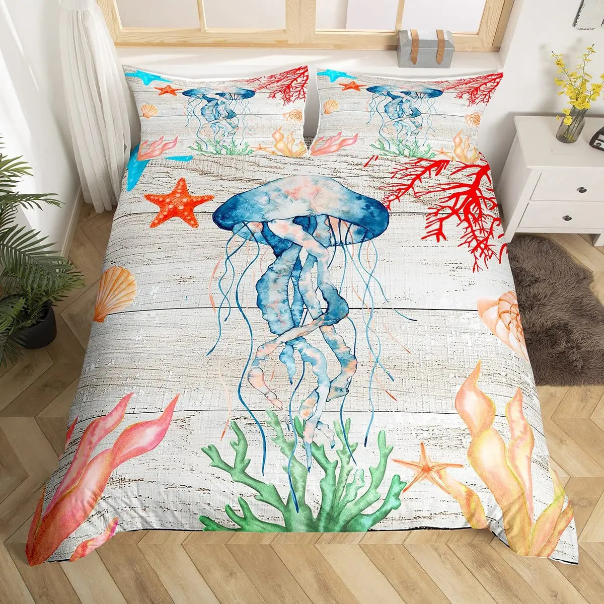 Watercolor Blue Conch Duvet Cover Ocean Themed Bedding Set Sea Creatures Comforter al Beach Polyester Quilt 240106