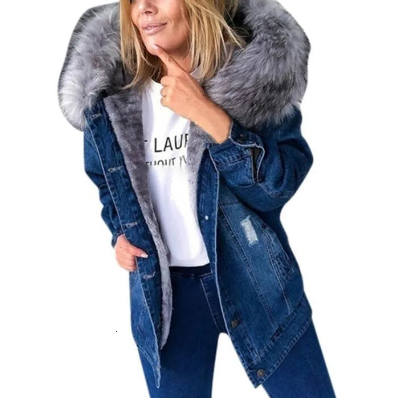 Winter Vintage Ripped Pocket Stitching Baggy Coat Women's Denim Plush Women Long Sleeve SingleBreasted Hooded Jacket 240105