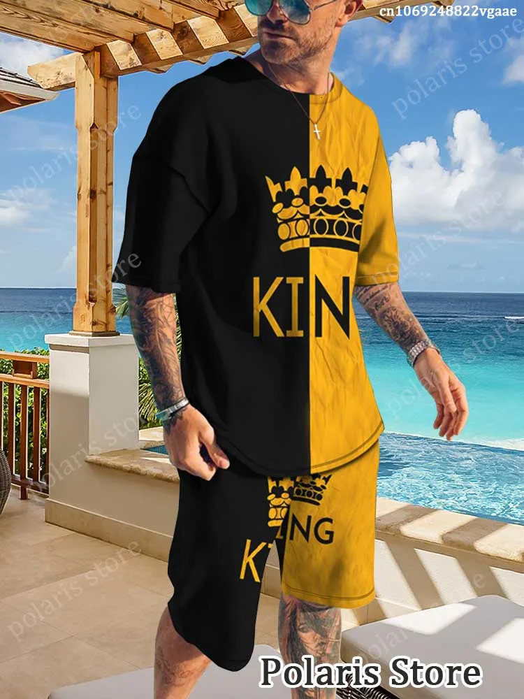 Summer Blue Tracksuit Set For Men Short Sleeve T Shirt Shorts 2 Piece Oversized Casual Trendy Sportwear Outfits Clothes 240106