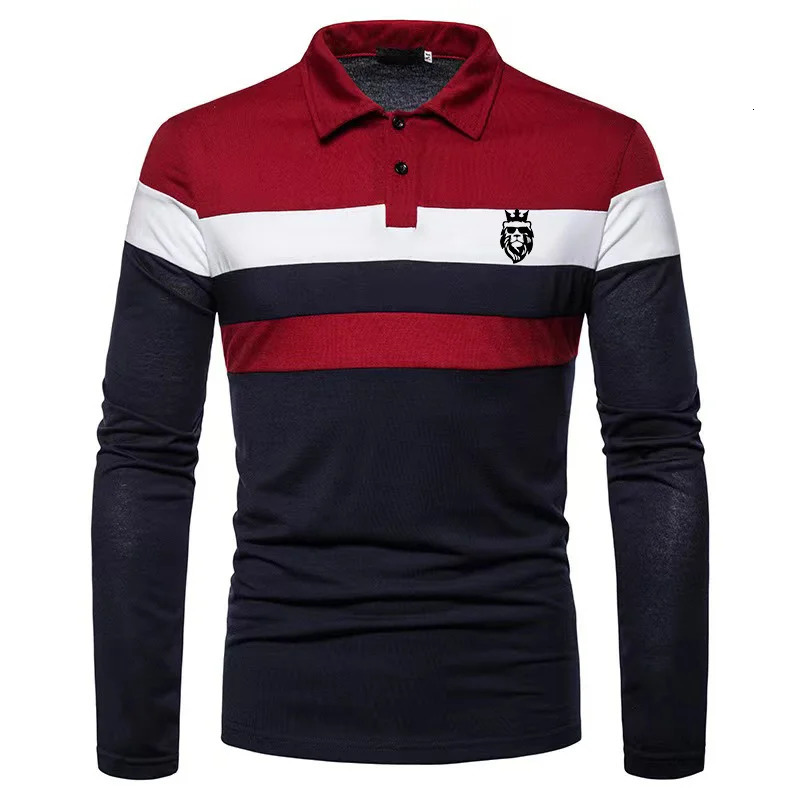 Men's Long Sleeved Polo Shirt Printed Lion Three Color Block Tops Golf Shirt Men's Casual Lapel Top Mens Clothes 240106