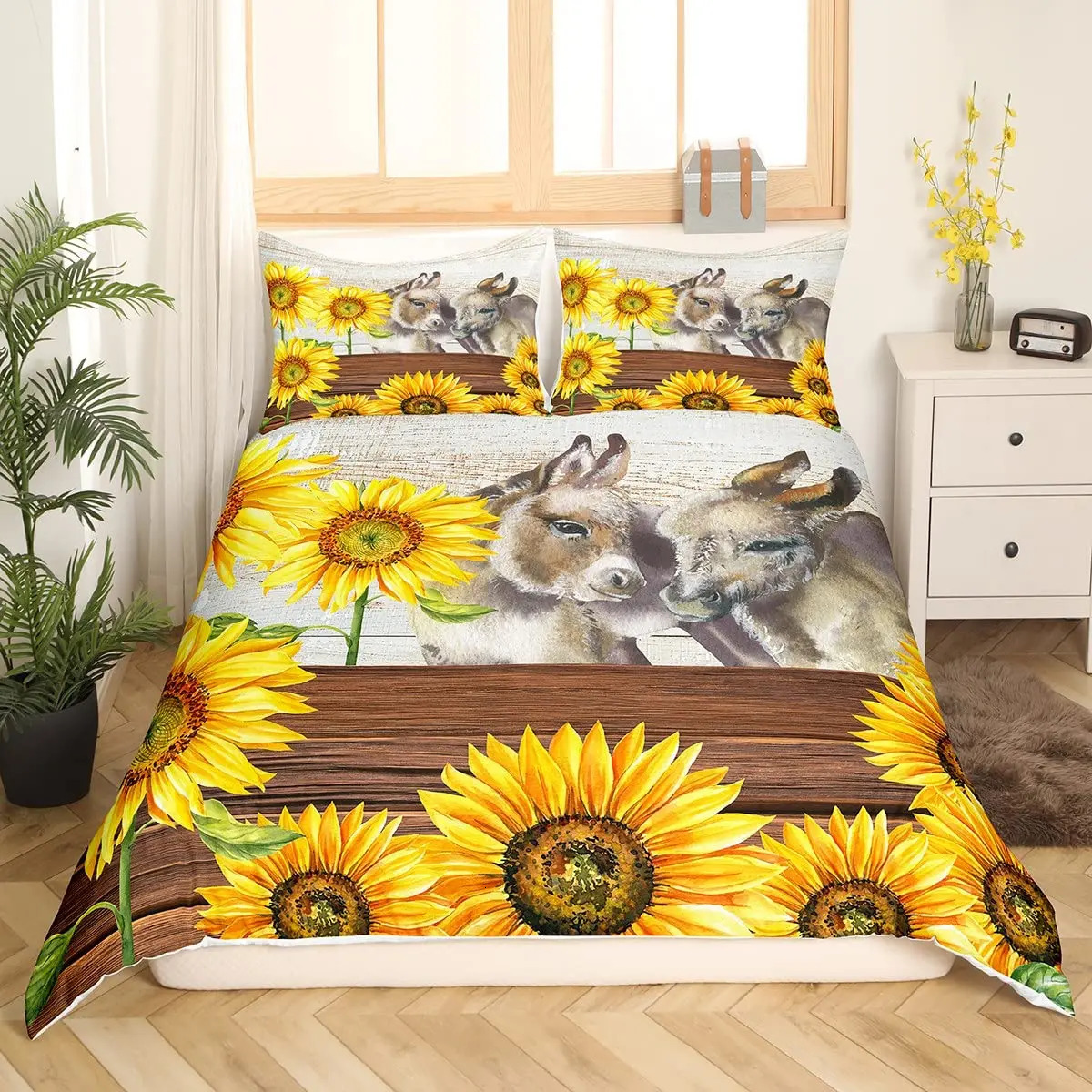 Donkey King Queen Duvet Cover Cartoon Funny Bedding Set Farmhouse Animal Comforter Cove Sunflower Polyester Quilt 240106