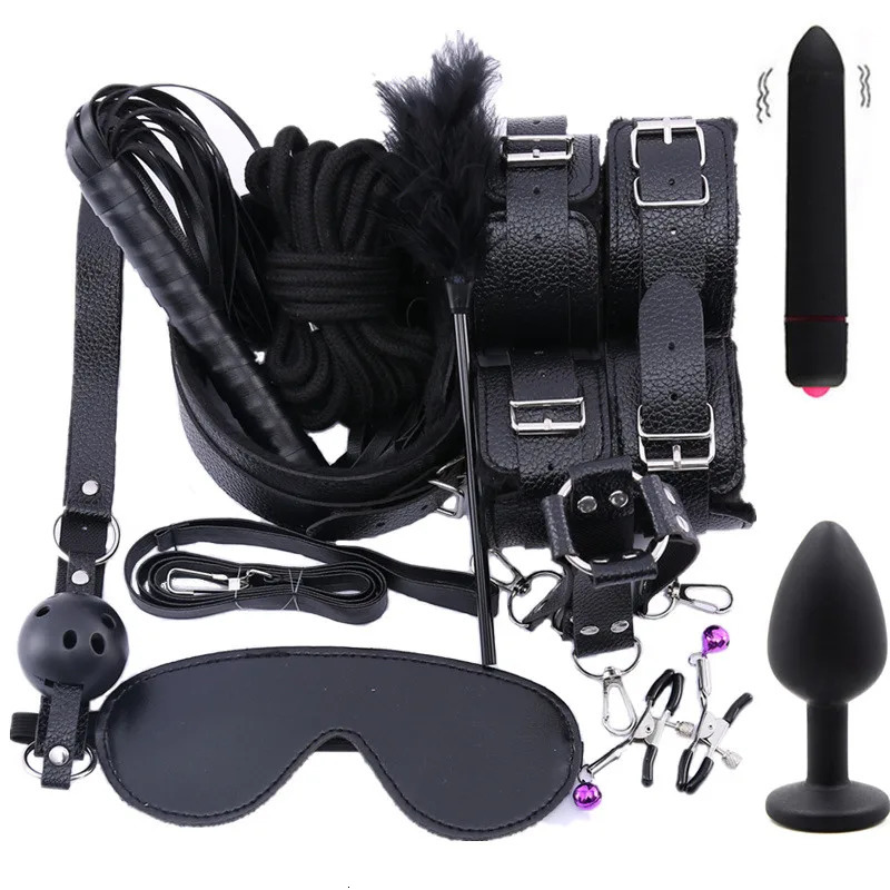 Leather Bondage Set Sex Toys for Women Couples BDSM Sex Mini Vibrator Anal Plug Handcuffs Bdsm Bondage Erotic Adult Toys 240105