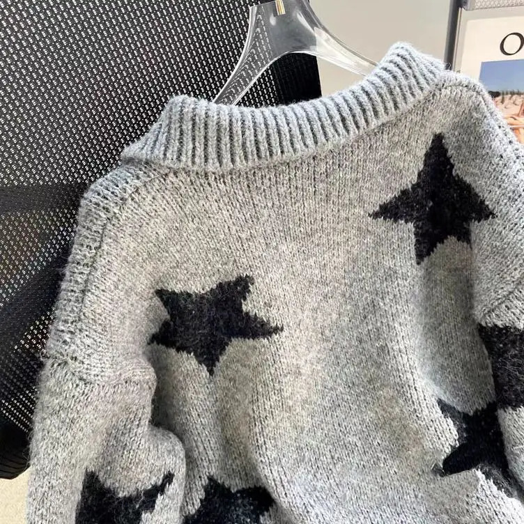 American hip-hop men and women trend retro pentagram stand up collar loose autumn and winter knitted sweater couple casual top 240106